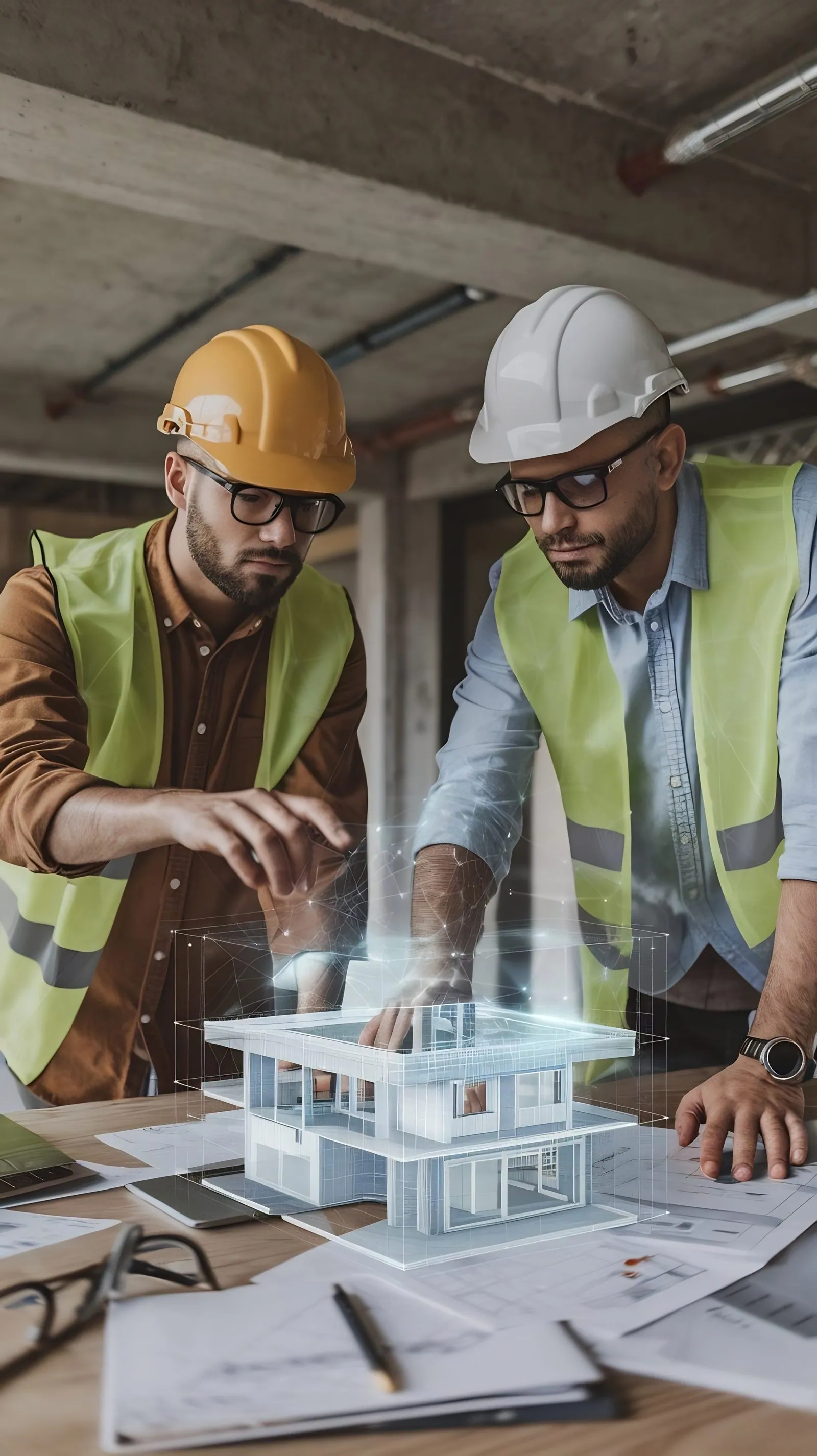 Bouwvakkers bekijken een 3D-maquette van een huis via augmented reality — Microsoft 365 Copilot voor het mkb