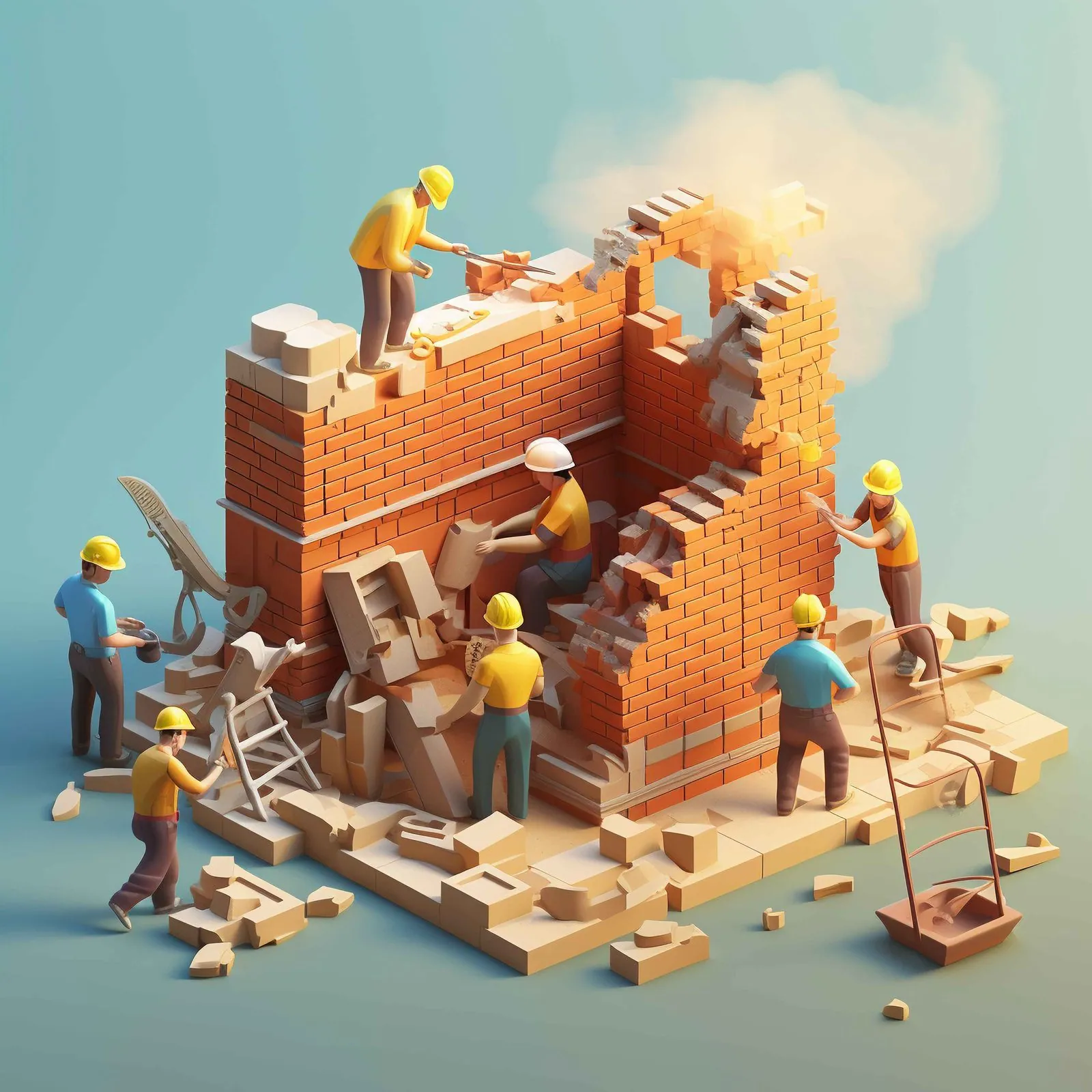 Illustratie van bouwvakkers die samen een muur metselen — Microsoft 365 Copilot voor het mkb